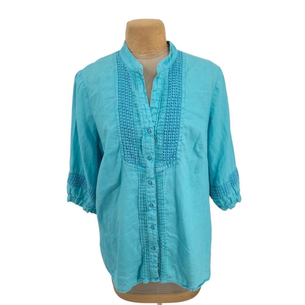 Susan Bristol Top Womens 3X Blue Linen Crochet Trim Pintuck Button Up Blouse